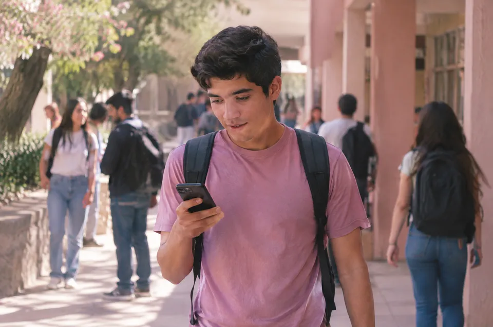 Estudiante con mochila revisa su teléfono en el campus.